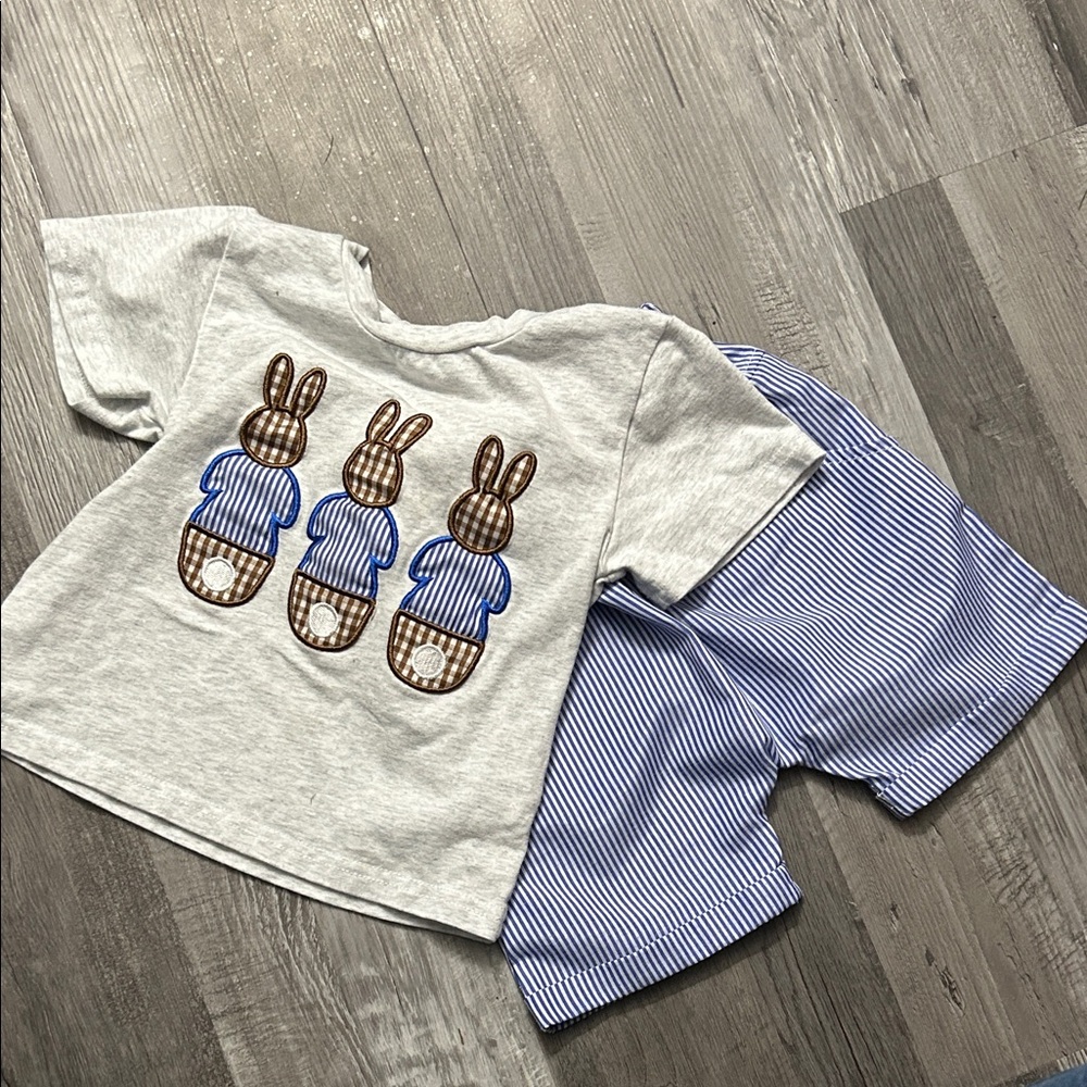 Source Unknown Gray Tee and Blue Striped Shorts Kids Matching Set
